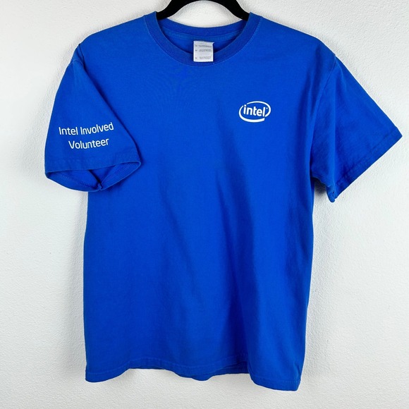 Y2K Intel Involved Volunteer T Shirt Mens Medium Blue Logo Graphic Tee Techwear - Picture 1 of 8